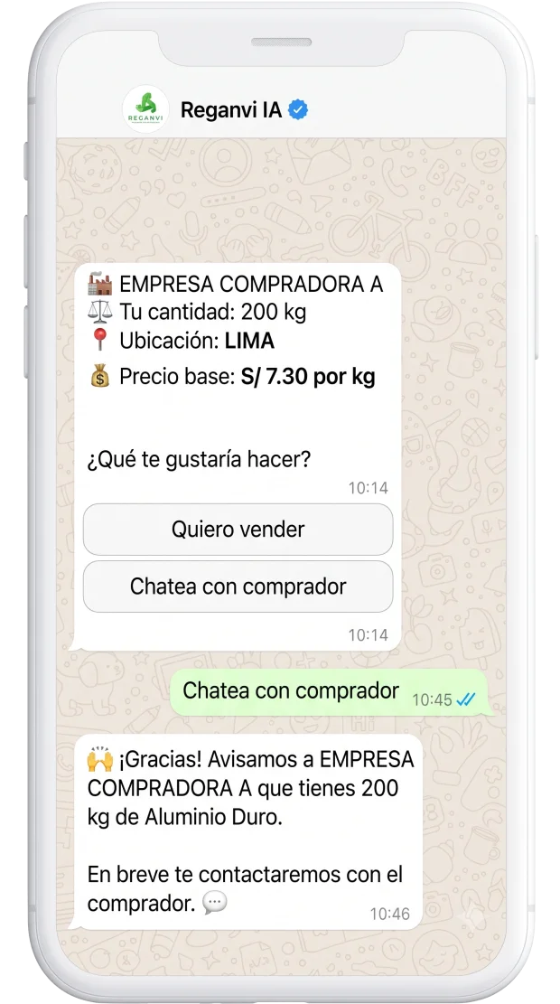 Chat de WhatsApp: el bot muestra una empresa compradora con precio de S/ 7.30 por kilo y confirma que le avisó al comprador