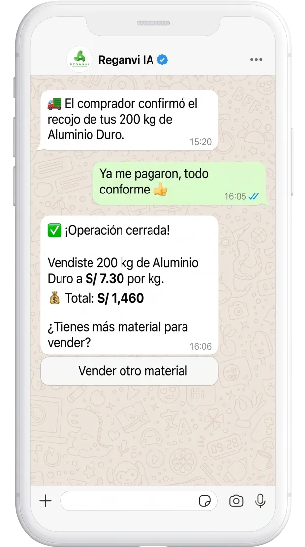 Chat de WhatsApp: el comprador confirma el recojo, el usuario avisa que ya le pagaron y el bot cierra la operación