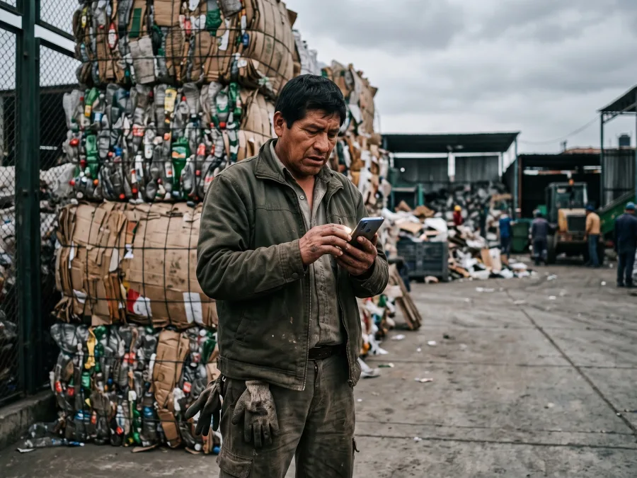 Reciclador revisando su celular junto a pacas de material a la espera de respuesta